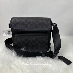 Coach Men Sullivan Flap Crossbody Bag Signature Canvas/Charcoal/Black CZ396 NWT